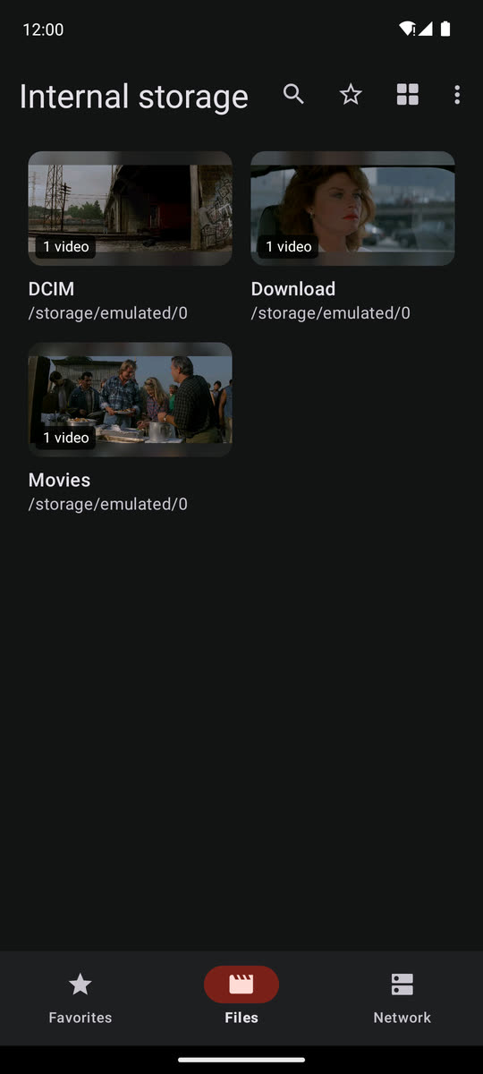 The Files screen titled Internal storage, showing the folders DCIM, Download and Movies as tiles, each with a still from the video inside and a 1 video badge, over a bottom bar with Favorites, Files and Network.