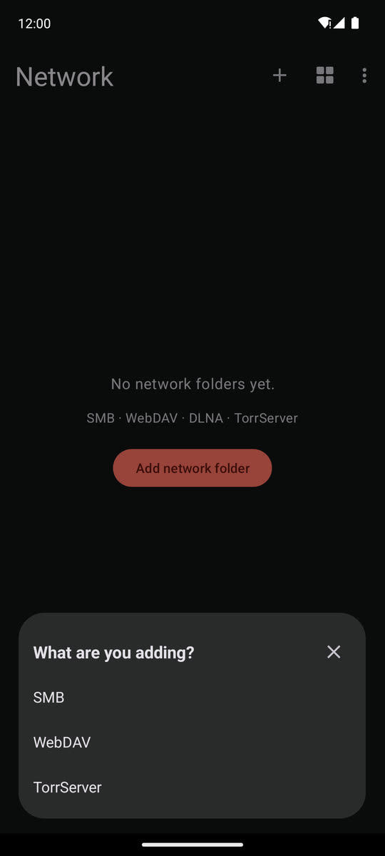 The Network screen with no folders yet, the line SMB · WebDAV · DLNA · TorrServer, an Add network folder button, and a sheet asking What are you adding? with SMB, WebDAV and TorrServer.