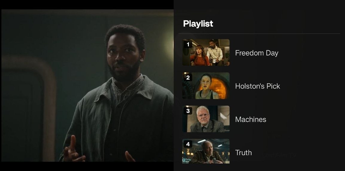 The playlist panel beside the playing video, listing numbered episodes — Freedom Day, Holston's Pick, Machines, Truth — each with a poster thumbnail.