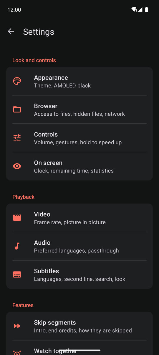 Settings in three groups — Look and controls (Appearance, Browser, Controls, On screen), Playback (Video, Audio, Subtitles) and Features (Skip segments, Watch together) — each row with a coral icon and a one-line summary.